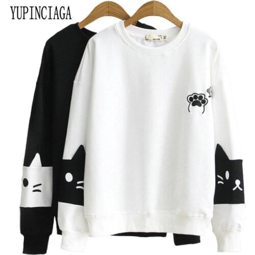 Womens Cat Print Hoodies Sweatshirts Long Sleeve O-Neck Cotton Pullovers 2020 Spring Femme Harajuku Tracksuits YUPINCIAGA