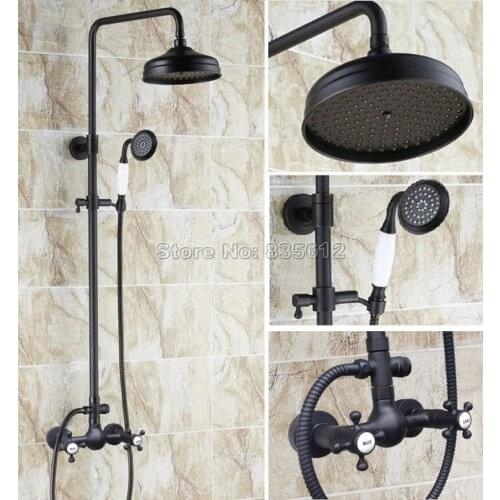 Bathroom Black Oil Rubbed Bronze Rainfall Shower Set Faucet + Dual Handles Mixer Taps + Handheld Shower Wall Mounted Wrs498