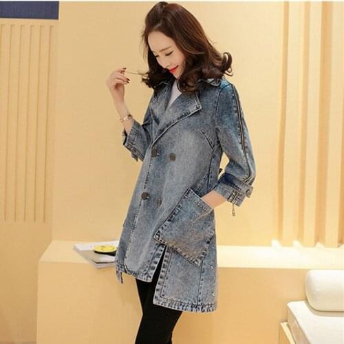 Spring Fashion Women Denim Jacket Slim 3/4 Sleeve Casual Jeans Coat Ladies Big Pocket Streetwear Mid-Length Vintage Outerwear