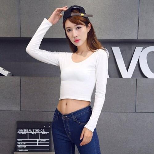 2021 Spring and Autumn Short Design O-neck T-shirt Tops Slim High Waist Cotton Sexy Girl Top Female Top Long-sleeve T-shirt Girl