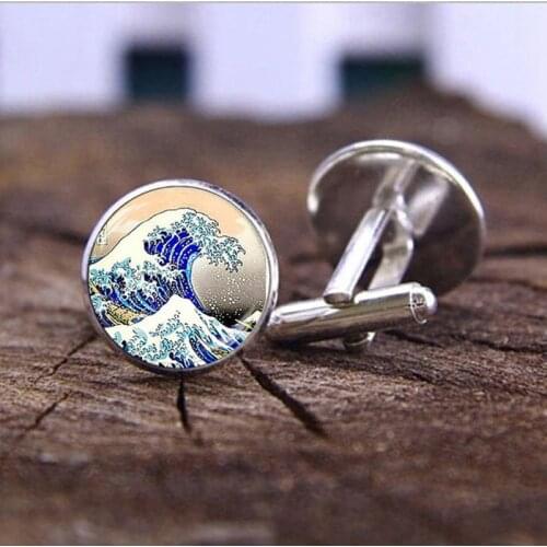 Great Wave of Kanagawa Cufflinks High Quality Hokusai Japanese Wave Glass Dome Photo Shirt Cufflinks for Mens Fashion Jewelry
