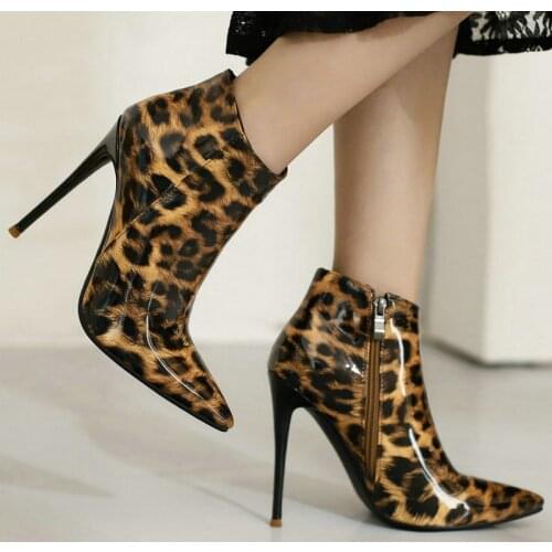2021 Women Ankle Boots Leopard Patent PU Leather Ladies Short Boots Pointed Toe Thin High Heel Womens Shoes Zipper Party Boots