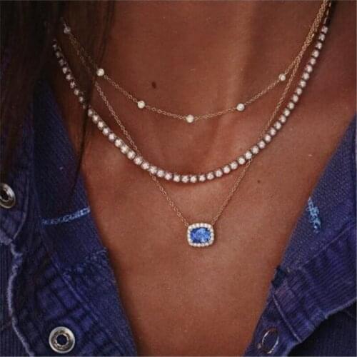 Trendy Pearl Crystal Layered Square Choker Necklace Woman Girl Multi layer Statement Boho Pendants Necklaces Gold Jewelry New