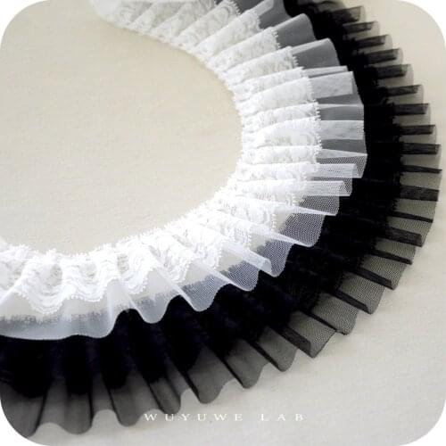 1M Pleated Dress Craft Supplies Sewing 9cm Guipure White Black Mesh Lace Fabric Flowers Trims Lace Ribbon Double-deck Koronka