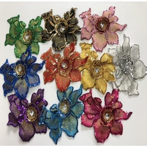 1Pc Lace Fabric 3D Flower Sequins Rhinestone Embroidered Wedding Appliques Sew Patch For Dress DIY Decoration