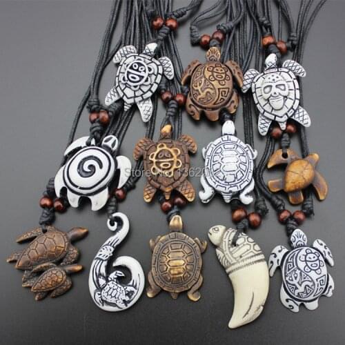 Hot Selling 12pcs Imitation Yak Bone Carving Lucky Surfing Turtles Pendant Adjustable Cord Necklace Amulet Gift MN329
