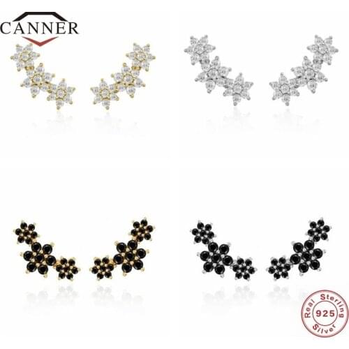 CANNER 925 Sterling Silver WhiteBlack Zircon Flower Stud Earrings For Women Zirconia Piercing Earring Earings Jewelry Pendientes