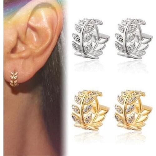 DoreenBeads Fashion Hoop Earrings For Women Accessories Gold Color Leaf Clear Rhinestone Pattern Gift Charms 14mm x 8mm, 1 Pair