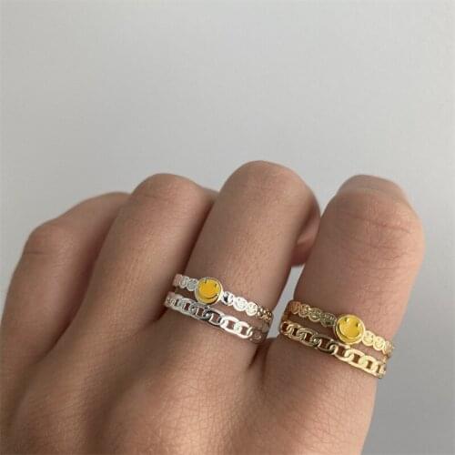 Double love ring full circle smiling face copper plating real gold and silver chain ring female yellow smiling face