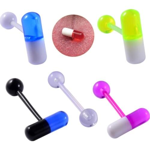 5PCS Acrylic capsule Shape Tongue Barbell Ring Tongue Ring Piercing Transparent Acrylic Ball Tongue Barbal Piercing Jewelry 14G