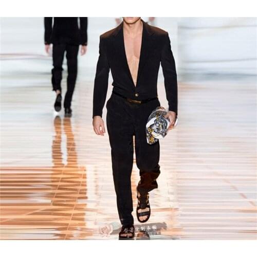 2018 New Men clothing Hair Stylist fashion Catwalk All-match British youth conjoined Jumpsuit plus size costumes 27-44