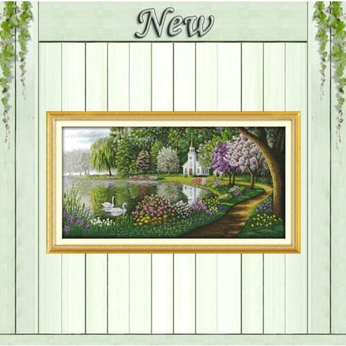 Green lake reflection Scenery Europe,Counted Printed on the canvas DMC 11CT 14CT Cross Stitch kit,needlework Sets DIY embroidery
