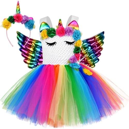 Flower Girl Unicorn Princess Dress Rainbow Tutus Outfit for Girls Halloween Costumes Kids Unicorns Dresses with Wings Headband