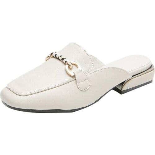 Grain Leather Fluffy Muller Lazy Sandals Shoes Fashion Square Toe Women Slippers Size 35-43