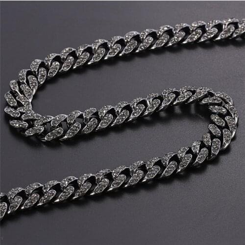 Iced Out Paved Rhinestones 13MM Gun Black Color Full Miami Curb Cuban Chain CZ Bling Rapper Necklaces For Men Hip Hop Jewelry