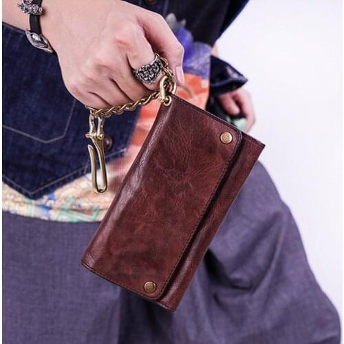 The first layer of cowhide simple retro wallet, multi-card leather zipper wallet, brass cloth buckle wallet