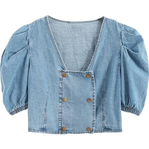 PERHAPS U Women Puff Sleeve Short Sleeve Shirt Blouse Summer Blue Denim Double Breasted Short Cropped V Neck B0628