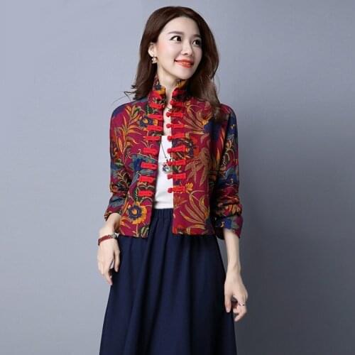 Women Red Floral Shirt Vintage Blouse Traditional Chinese Tang Clothing Oriental Tops Retro Mandarin Collar Coat