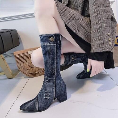 2021 Women Chunky Denim Mid Calf Boots Block 6cm High Heels Fetish Boots Stripper Winter Fashion Cowboy Western Boots Shoes