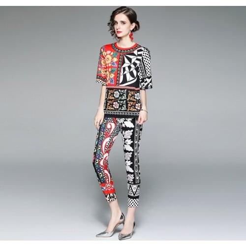 2021 Summer Fashion Flower Print Suit Womens Short Sleeve Color Contrast Tops + Slim Ankle-length Pants 2 Pieces Sets