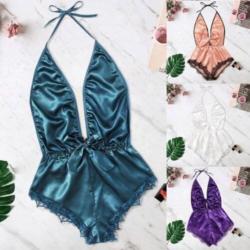 Womens Bodysuits Sexy Halter Deep V-Neck Lace Stain Silk Bowknot Lingerie Patchwork Pajamas Jumpsuits bdsm lingerie soumise 03