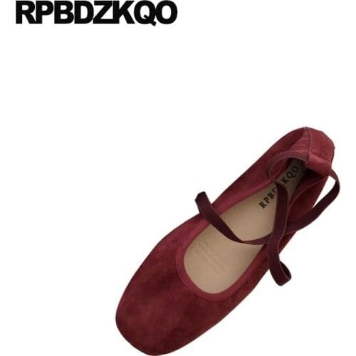 2018 Designer Japanese Square Toe Suede Brown Slip On Vintage Soft Ballet Flats Women Red Lightweight Shoes Elastic Ballerina