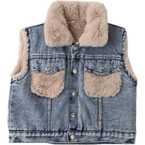 2021 Casual Girl Denim Waistcoat with Velvet Children Jeans Vest Winter Thick Warm Kids Clothing Unisex Boy Waistcoat Vest Girl