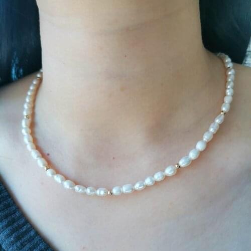 4mm Freshwater Pearl Necklacek Gold Beads 14K Gold Filled Adjustable Chain Delicate Tiny Pearls Beaded Choker Boho Collier Perle