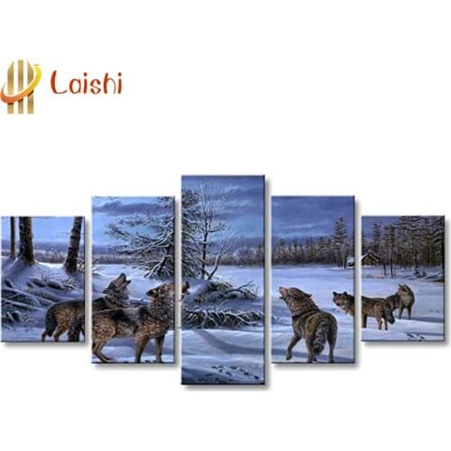 5pcs Diamond Embroidery Blue animal wolf picture home decoration winter landscape Diamond Painting Full Square round Diamond