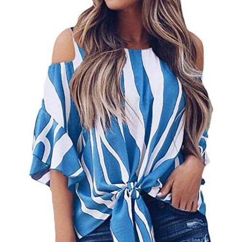 2021 Stylish Loose Blouse Soft Off Shoulder Bowknot Shirt Three Quarter Sleeve Flare Sleeve Striped Women Tops for Daily Wear
