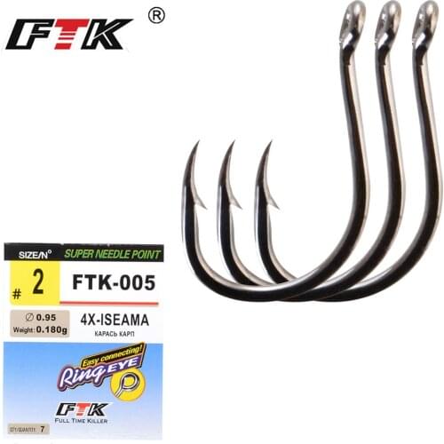 FTK Carp Hooks High Carbon Steel 7Pcs-10Pcs/Pack size 1#-12# Super Needle Point and Ring Eye 4X-ISEAMA For Fishing Tackle