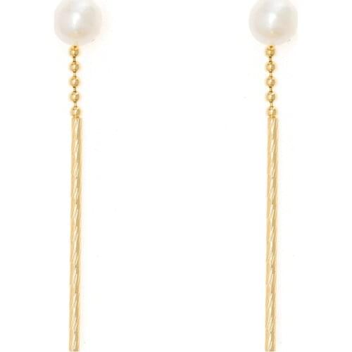 Jaeeyin 2021 New Arrivals Fashion Jewelry 2 In 1 Earrings White Freshwater Pearl Stud, Gold Color Brass Tube Bead Chain Dangle