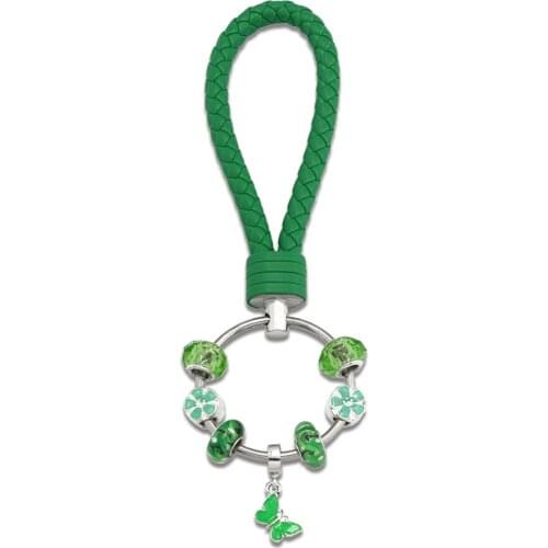 KEORMA Vintage Silver Color Charm Rhinestone Butterfly Keyrings with Green Leather Car Key Chain for Women Mother Gifts YK019