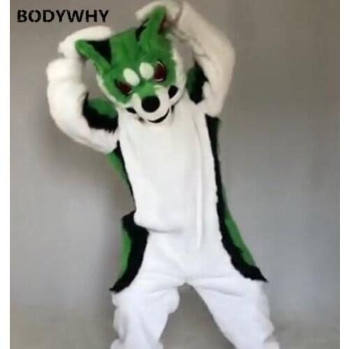 Hot New Cosplay Adults Green Husky Long Fur Wolf Mascot Costume Fursuit Animal Cosplay Animal Dress Birthday Gifts