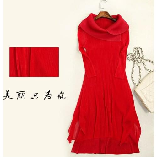 HOT SELLING Miyake pleated elegant long-sleeve slim turn-down collar lace one-piece dress female IN STOCK