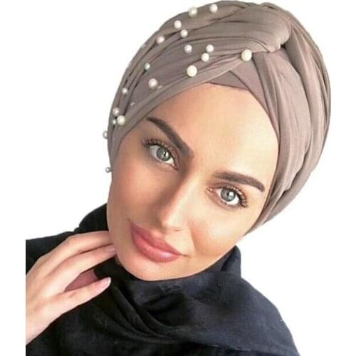 New Beads Muslim Women Hijabs Hats Elastic Cotton Cross Turban Dreadlock Sleeping Hat for Hair Loss Bonnet Tube Comfortable Hat