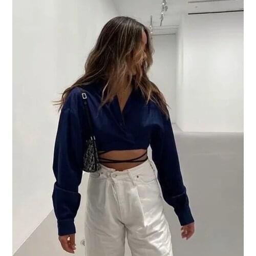 Foridol Striped Cropped Blouse Shirts Lace Up Ladies Streetwear Harajuku Fashion Short Navy Blue Tops 2021 Spring Autumn