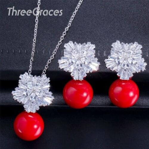 ThreeGraces Fashion Snowflake Crystal Red Pearl Nacklace Earrings 2020 New Elegant Women Wedding for Bridal Jewelry Sets JS519