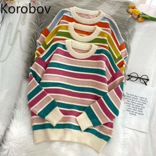 Korobov Streetwear Ulzzang Female Pullovers 2020 New Chic New Women Sweaters Korean O Neck Long Sleeve Striped Sueter Mujer