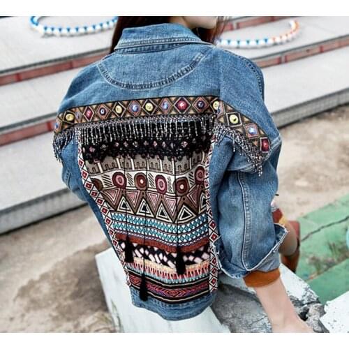 Denim Jeans Jacket Women Vintage Ethnic Chic Appliques Embroidered Tassel Loose Jackets Long Sleeves Outerwear Blue Jacket Coats