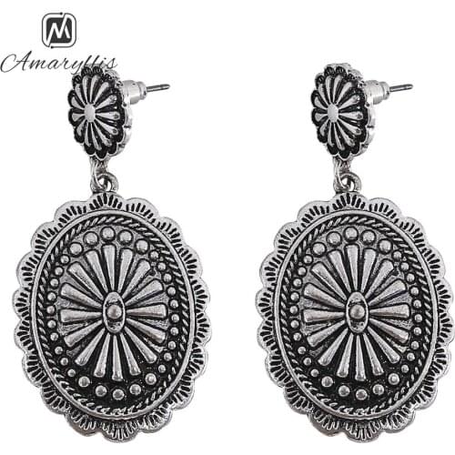 Amaiyllis Chunky Metal Gypsy Stud Earrings For Women Tibetan Carved Statement Earrings Vintage Geo Chandelier Earrings Brincos