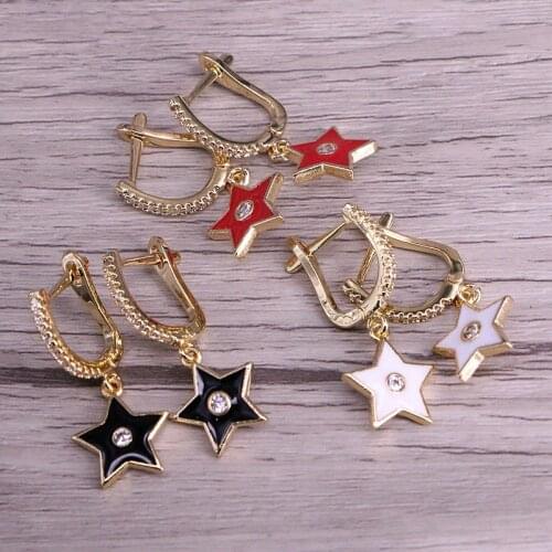 6Pairs, White / red/ black color enamel cz eye cute star dangle earring for women cz fashion elegance gold color jewelry