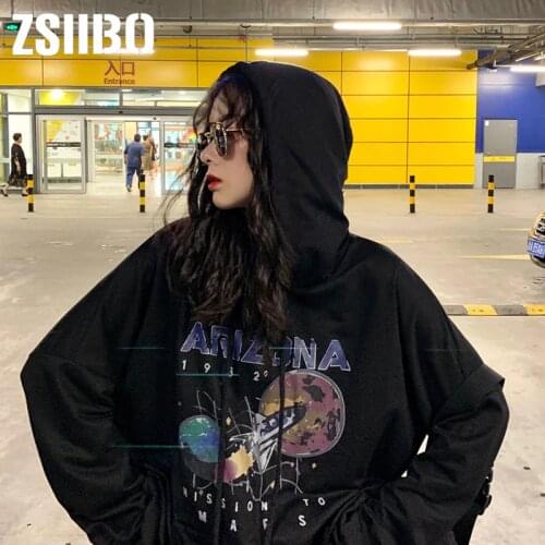 Mooirue Women Loose Restore Star Airship Printing Black Thin Pullover O-neck Hoddie Sweatshirt Girls White Gray Hoodies