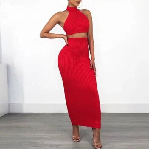 2019 new red bandage dress stretch tight 2 pieces set ladies celebrity party evening fashion high quality long bandage dress set