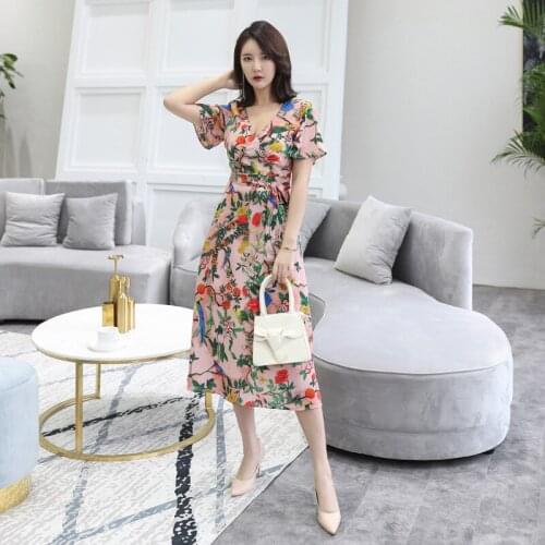 L-5XL Big Size Korean Floral Dresses Ladies V-neck Short Sleeve Casual Summer Dress 2020 Vetement Femme Dress for Wedding Party