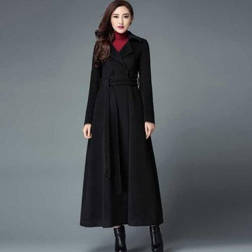 Winter Women Woolen Maxi Long Overcoat Classic Sashes High Waist Office Ladies Outerwear Military Wool Blends Coat Windbreaker