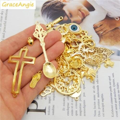10pcs Mix Gold Charms Alloy Leaves Cross Tree Evil Eye Key Crown Clock Spoon Animals Star Anchor Wings Infinity Jewelry diy Gift