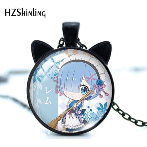 2020 New Re Zero Rem and Ram Pendant Necklace Cute Cat Ear Pendants Glass Dome Necklaces Handamde Jewelry