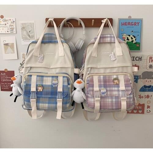 2021 Kawaii Plaid Style Womens Backpack Fashion Nylon University Bags For Girls Large-capacity Waterproof Travel Backpacks