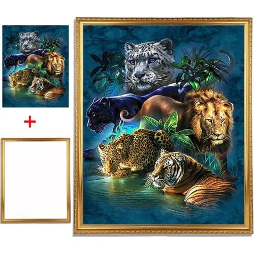 Framed Full Round Diamond 5D DIY Diamond Painting "Tiger Lion Leopard" 3D Embroidery Cross Stitch Rhinestone Painting Decor